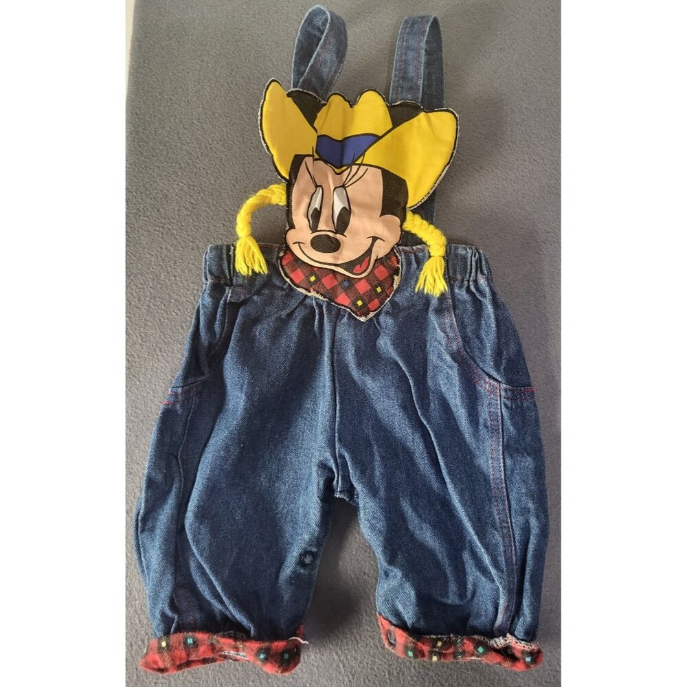 VTG Minnie Mouse Cowgirl Farmer Country Applique Denim Overalls One Piece 6-9M - Picture 3 of 10